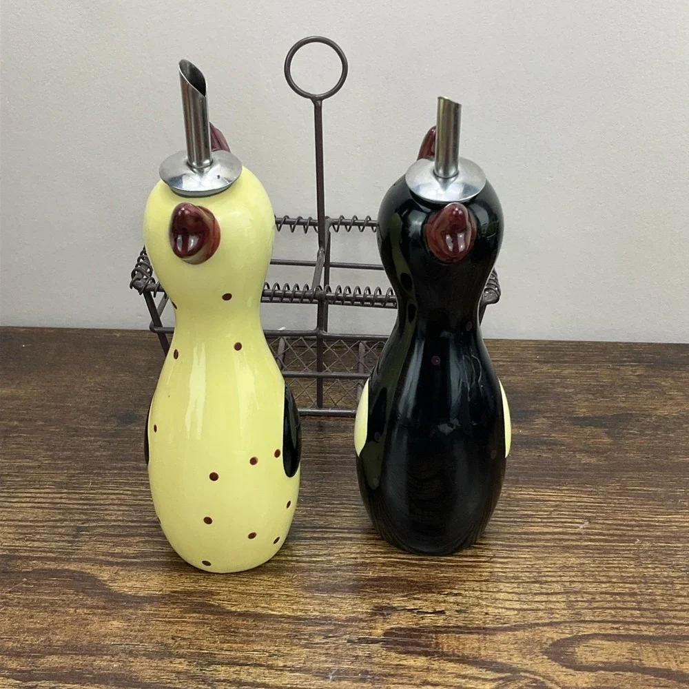 Bonne Lynn Chicken Rooster Figural Oil Vinegar Cruet Set With Basket Holder